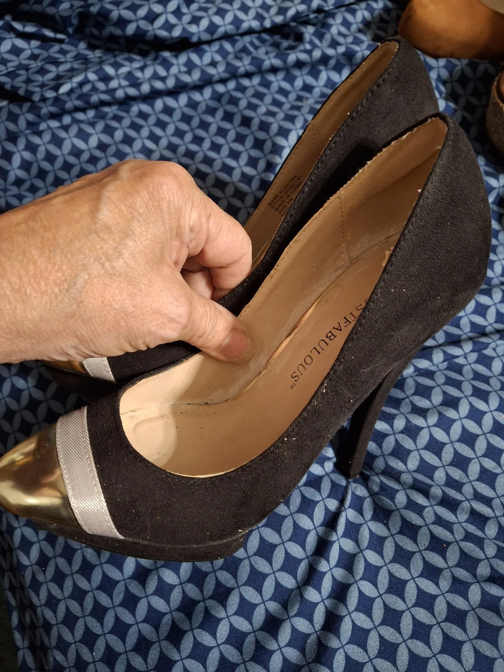 JustFab Black Gold Cap Toe Platform Stiletto Pumps High Heels